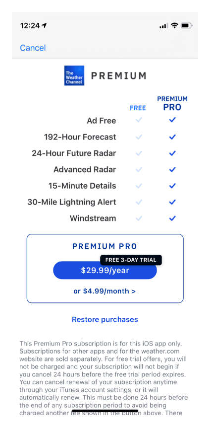 comparison table paywall design pattern weather channel