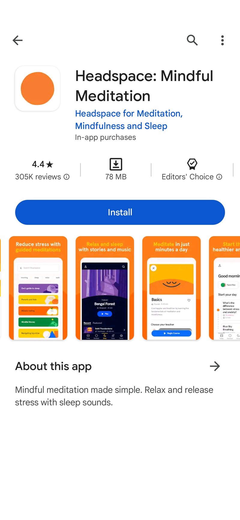 Image shows Headspace using the image carousel in the app store to share screenshots to showcase its value proposition 