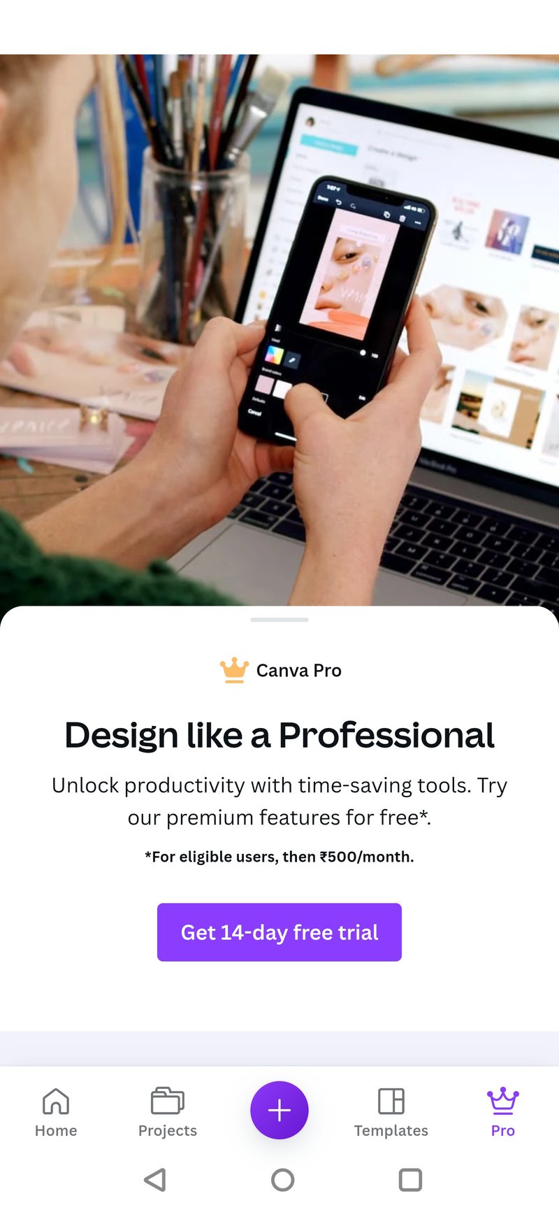 Canva's paywall showing a 14-day free trial plan