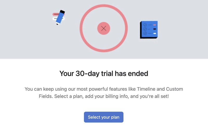 Asana displaying a message at the end of the trial period