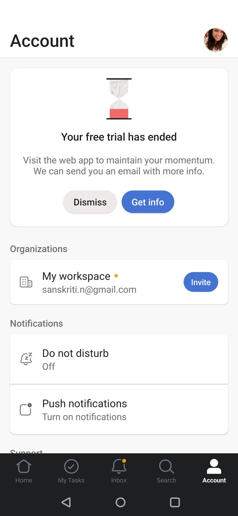 Asana showing an in-app message on the user's account page at the end of the free trial