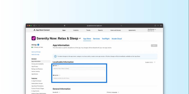 App Store Connect name and subtitle locked