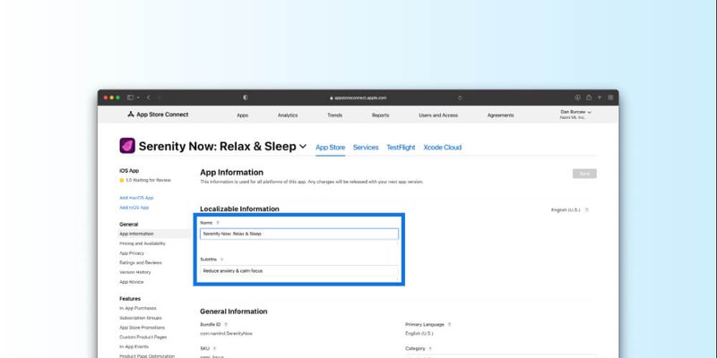 App Store Connect change name and subtitle