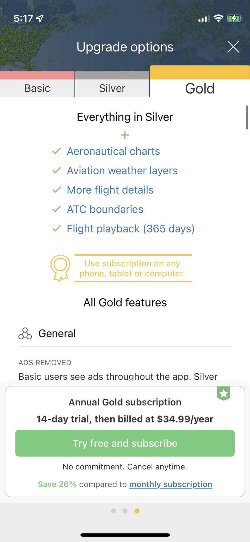 Flightradar24 app paywall displaying various subscription tiers with different feature sets