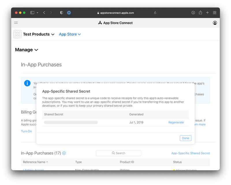 Generating an App-Specific Shared Secret in App Store Connect