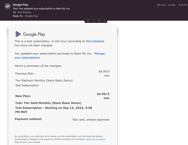 Google Play upgrade downgrade confirmation email