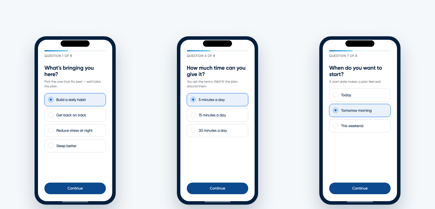Three quiz screens: name the pain point, disarm the time objection, earn a small commitment