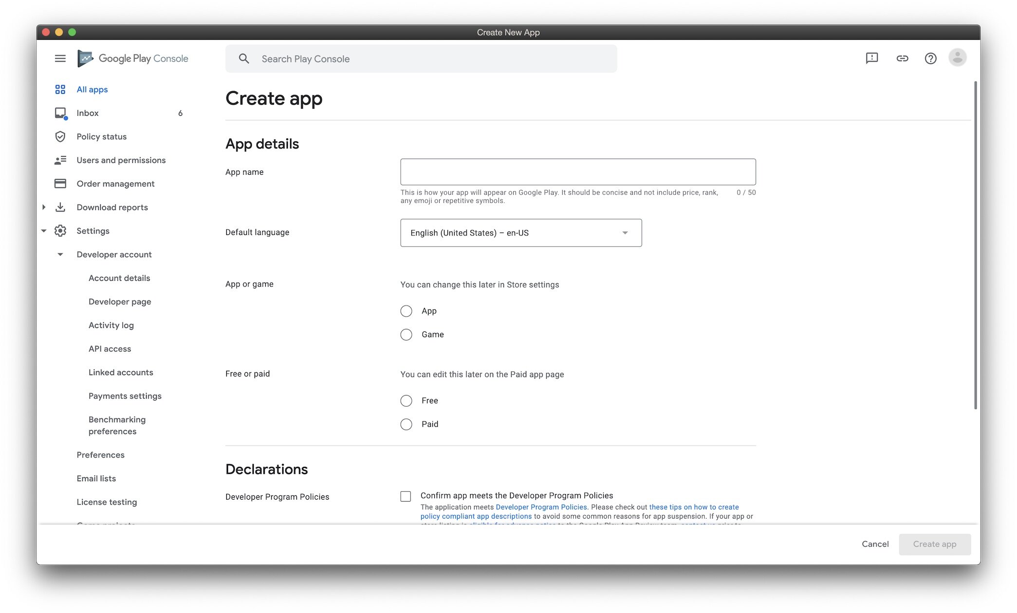 Google Play Console create app screenshot