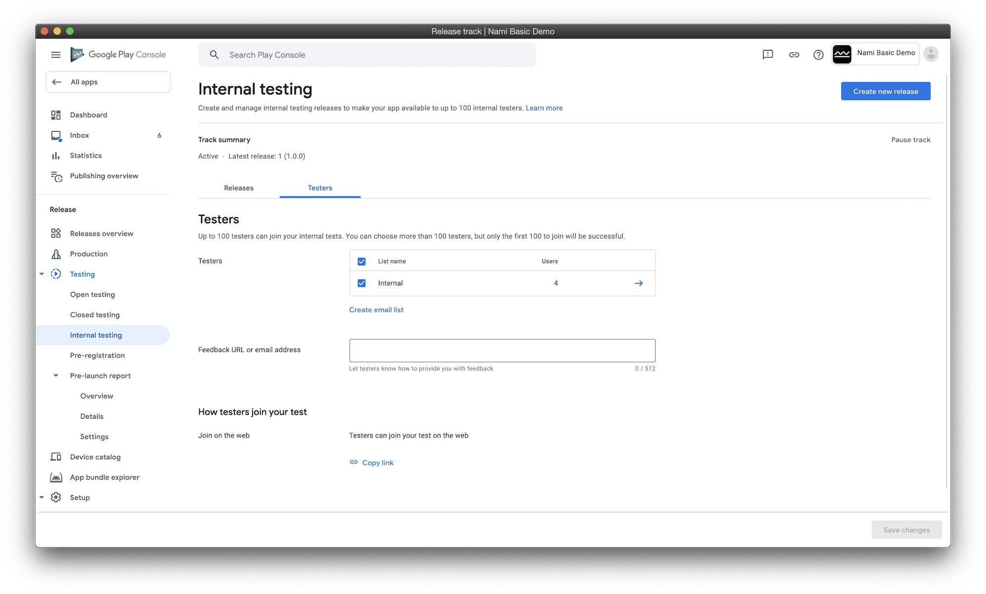 Google Play Console internal testers screenshot