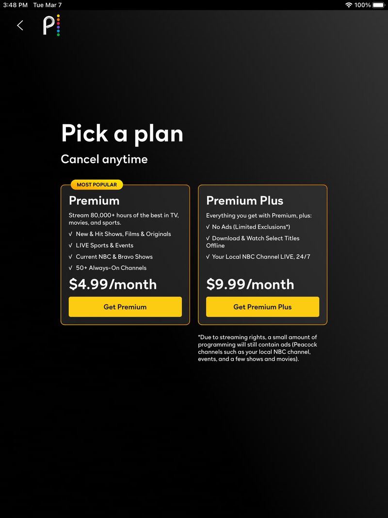 Peacock TV's multiple subscription plans